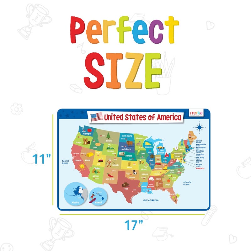 Merka Kids Educational Placemat Set 4-Pack - 17 x 11 in Multicolor Silicone - Washable & Reusable with Secure Grip Backing - Map Placemats for Kids, Solar System, Human Body, World & US Map - Image 4